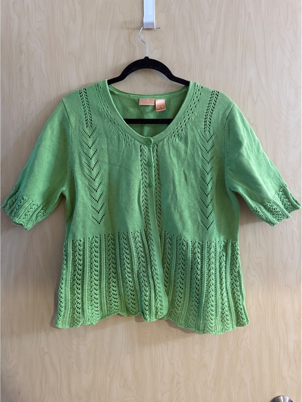 North crest Y2K light green short-sleeve pointelle peplum cardigan size XL